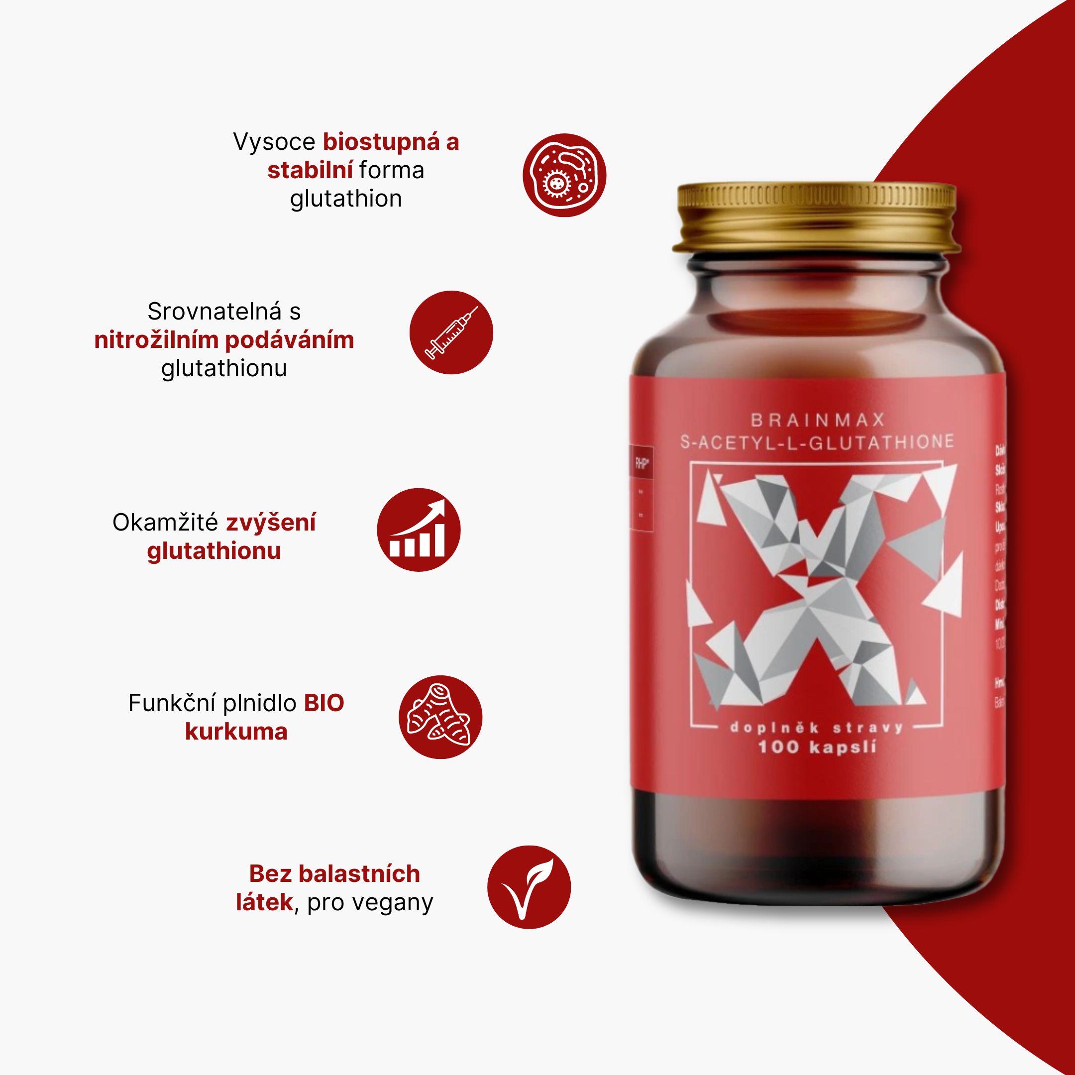 infografica BrainMax S-Acetil-L-Glutatione, SAG, 100 mg, 100 capsule vegetali
